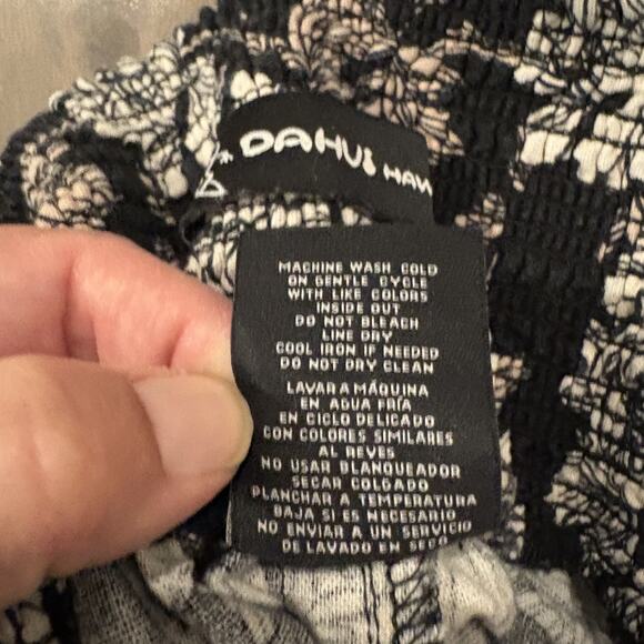 DaHui Hawaii Pants Womens Medium Black White Floral Wide Leg Linen Blend Smocked - Picture 15 of 16